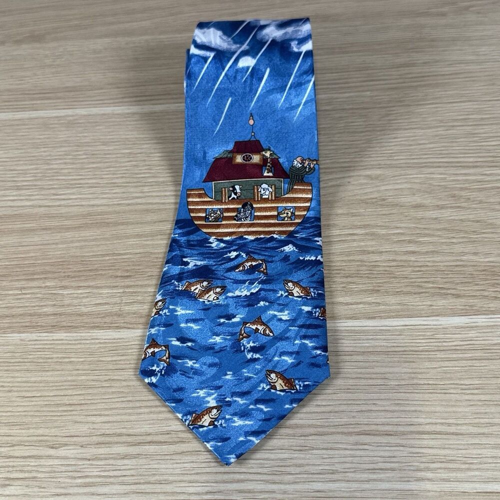 Vintage Fratello Noahs Ark Tie Religious Biblical Novelty 90s Mens Blue Poly